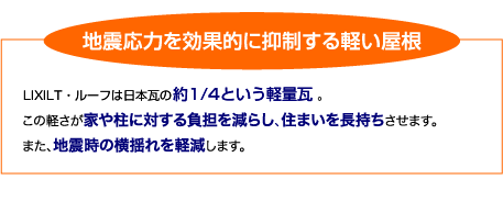 LIXIL Tルーフは日本瓦の1/4という軽量瓦屋根材。この軽さが家や柱に対する負担を減らし、住いを長持ちさせます。また、地震時の横揺れを軽減します。